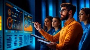 a close-up of a sales manager writing on the whiteboard , with team members engaged and taking notes