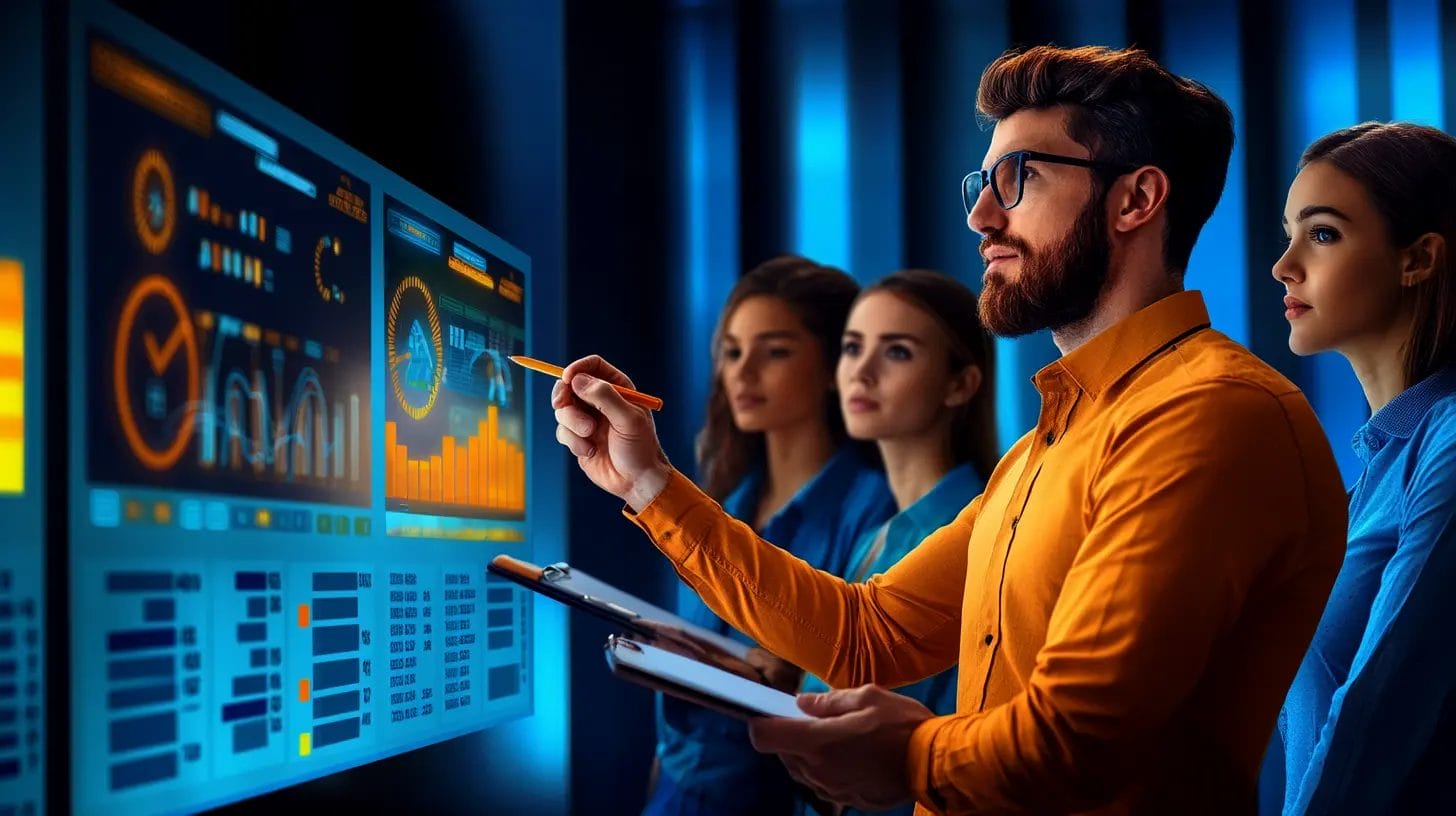 a close-up of a sales manager writing on the whiteboard , with team members engaged and taking notes