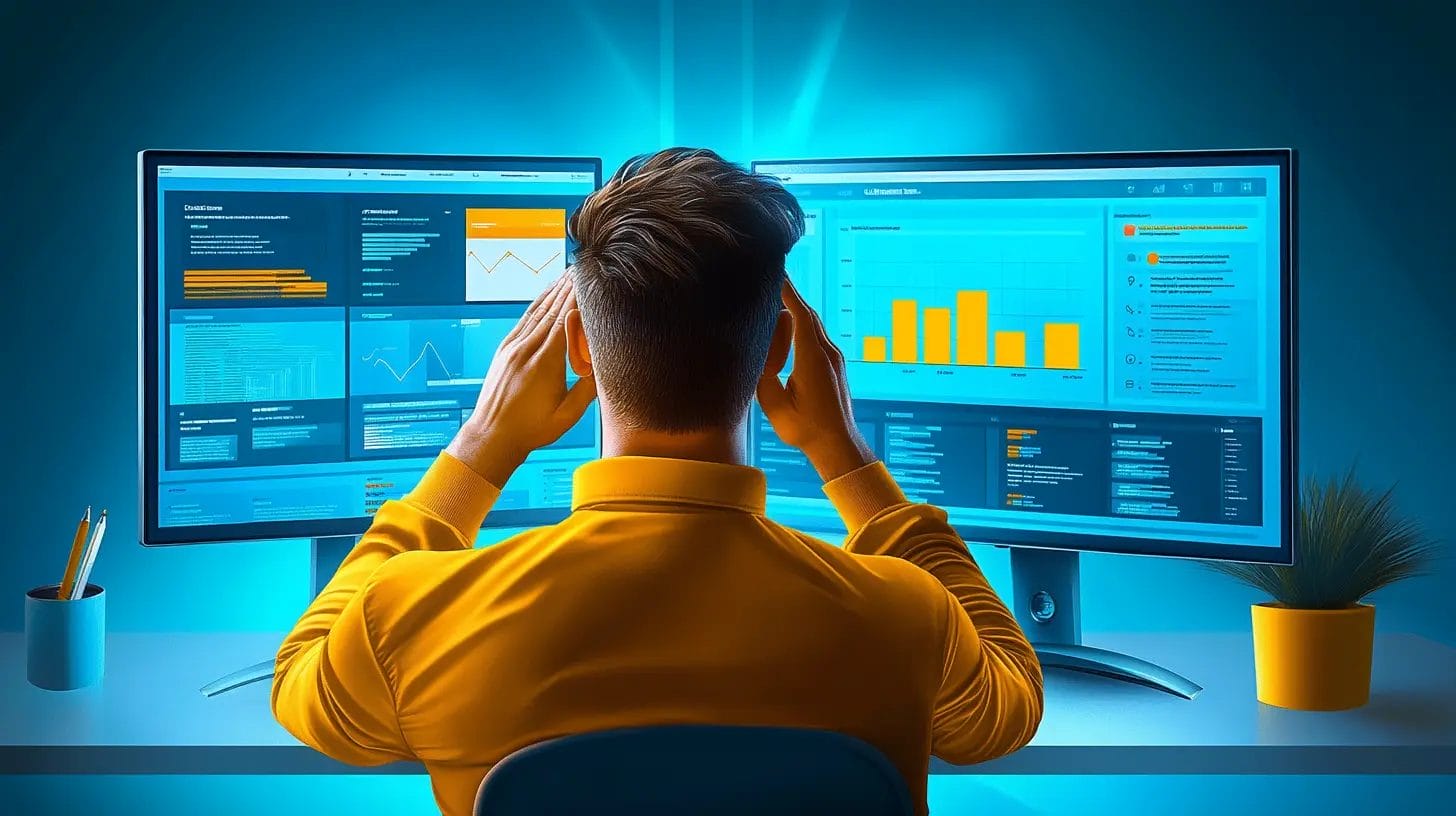 A person scratching his head is facing two screens showing a CRM dashboard and an email marketing dashboard