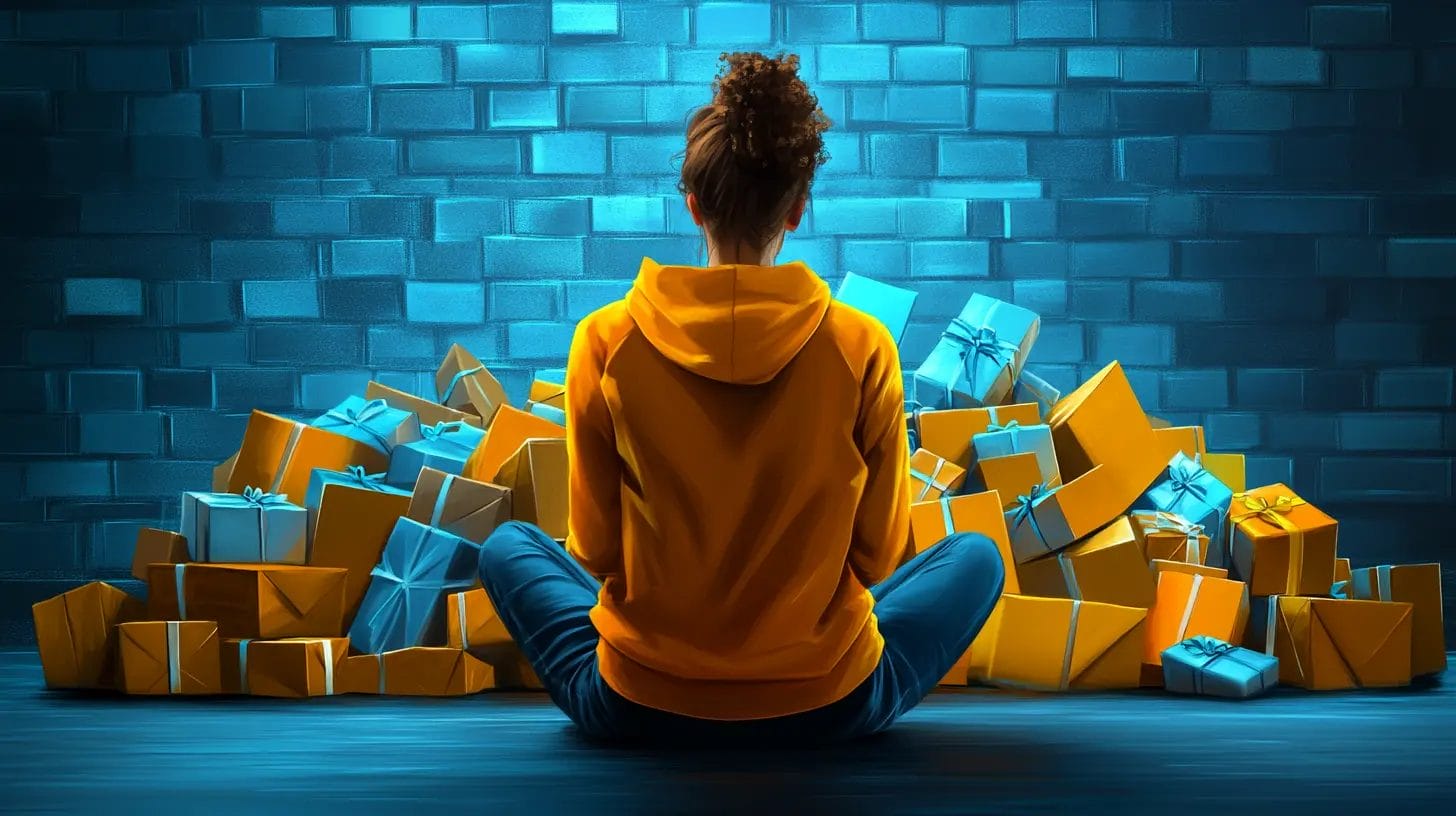 A person sitting down on the floor and facing an overflowing number of gift wrapped boxes