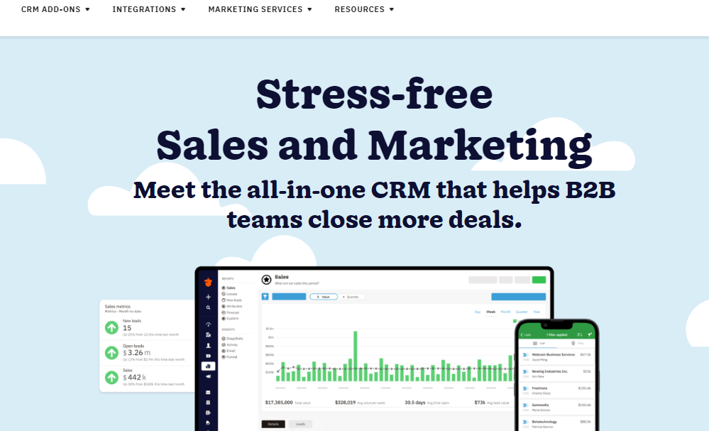 Nutshell Landing page with text 'Stress-free Sales and Marketing'