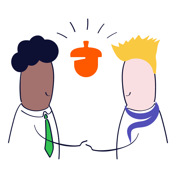 Two businesspeople shaking hands with Nutshell logo between them