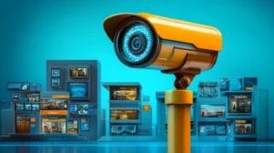 A CCTV camera on top of a post is pointing to a spot with different stores which represents as competitors