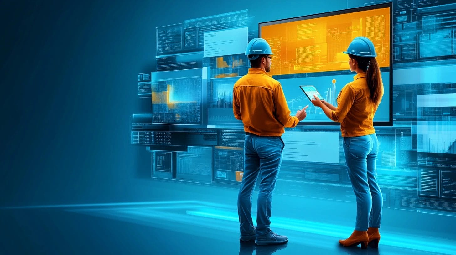 Two people in construction uniforms including hard hats, are discussing a project through a big screen