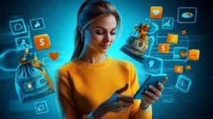 A lady is looking at her phone and social media symbols are floating around her including a heart, thumbs up, a hashtag and bags of money with a dollar sign