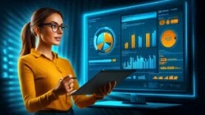 A lady presenting a marketing report beside a big screen showing charts, graphs and numbers