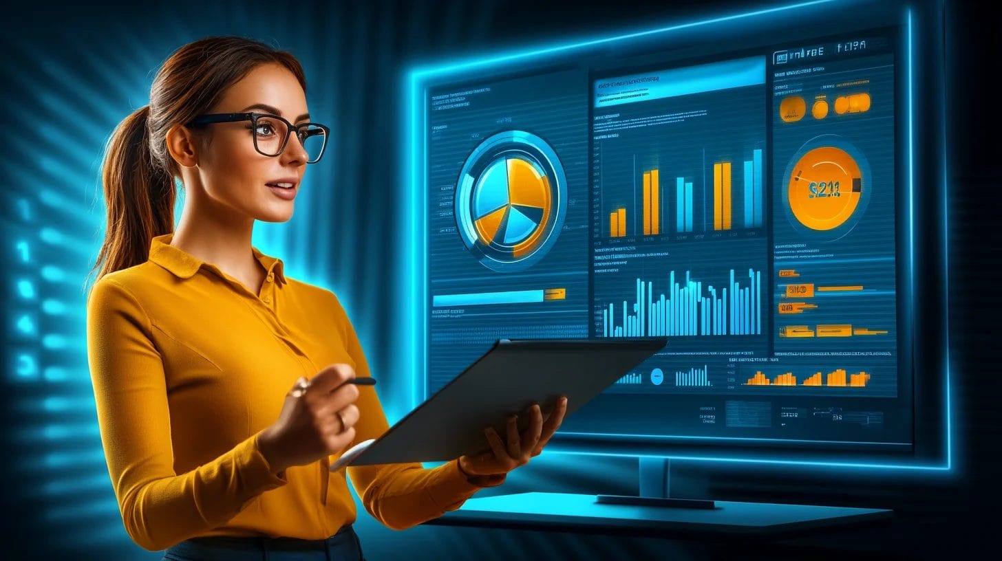 A lady presenting a marketing report beside a big screen showing charts, graphs and numbers