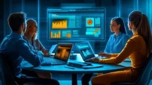 a group of 4 professionals are having a meeting on a round table discussing about a CRM through a big screen