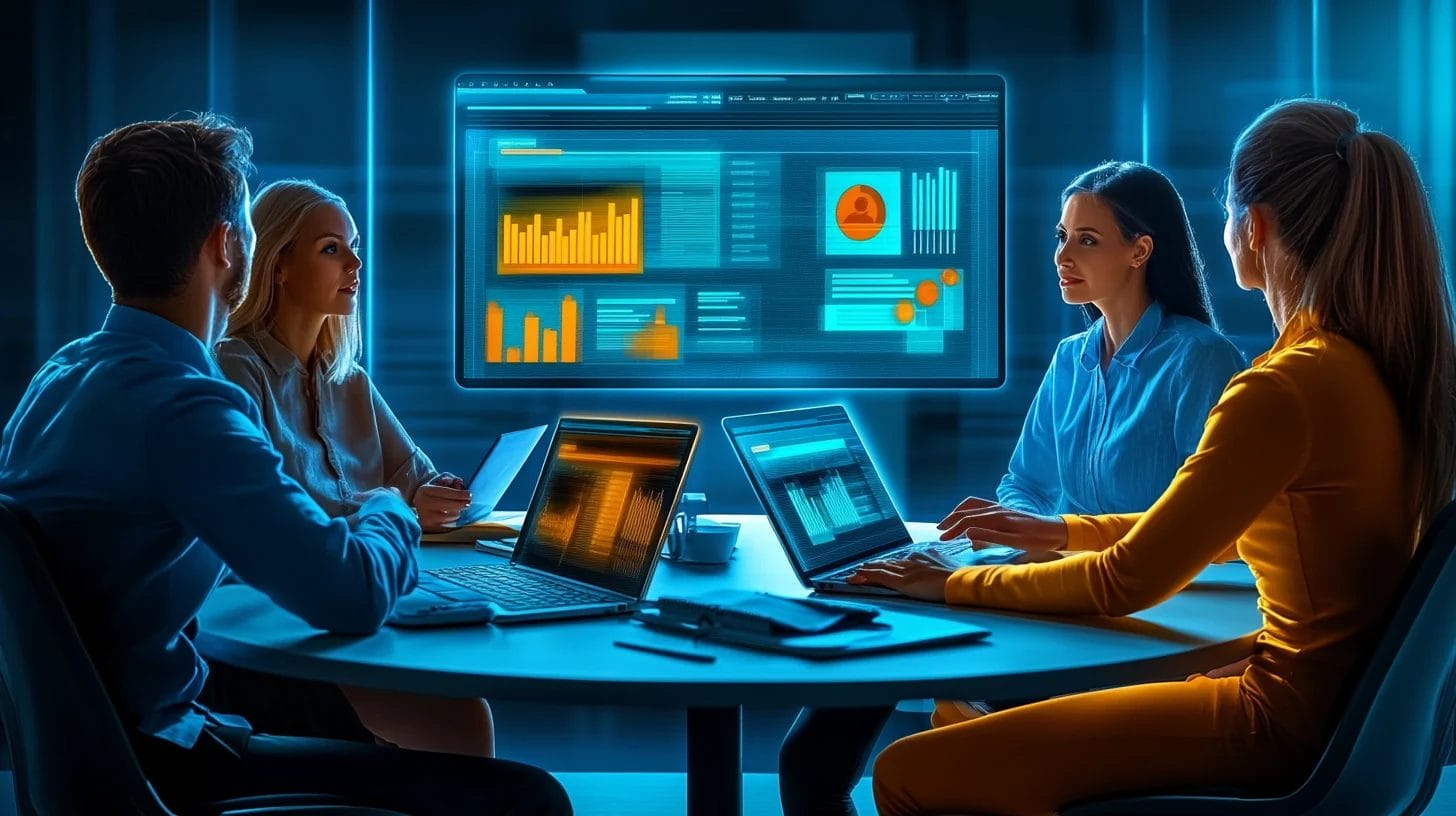 a group of 4 professionals are having a meeting on a round table discussing about a CRM through a big screen