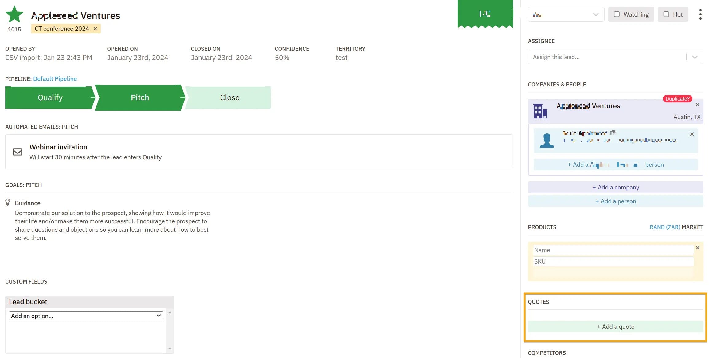 A screenshot of a Lead page in Nutshell showing the Add a Quote button