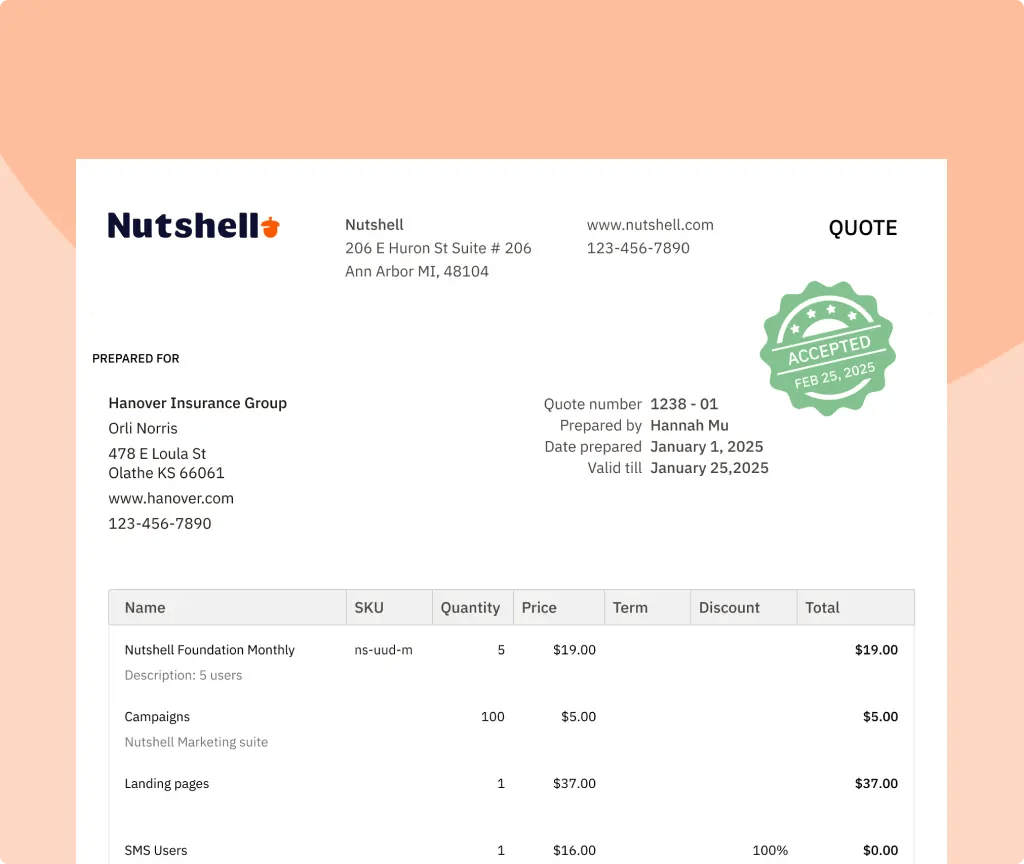 Example of a sales quote created in Nutshell