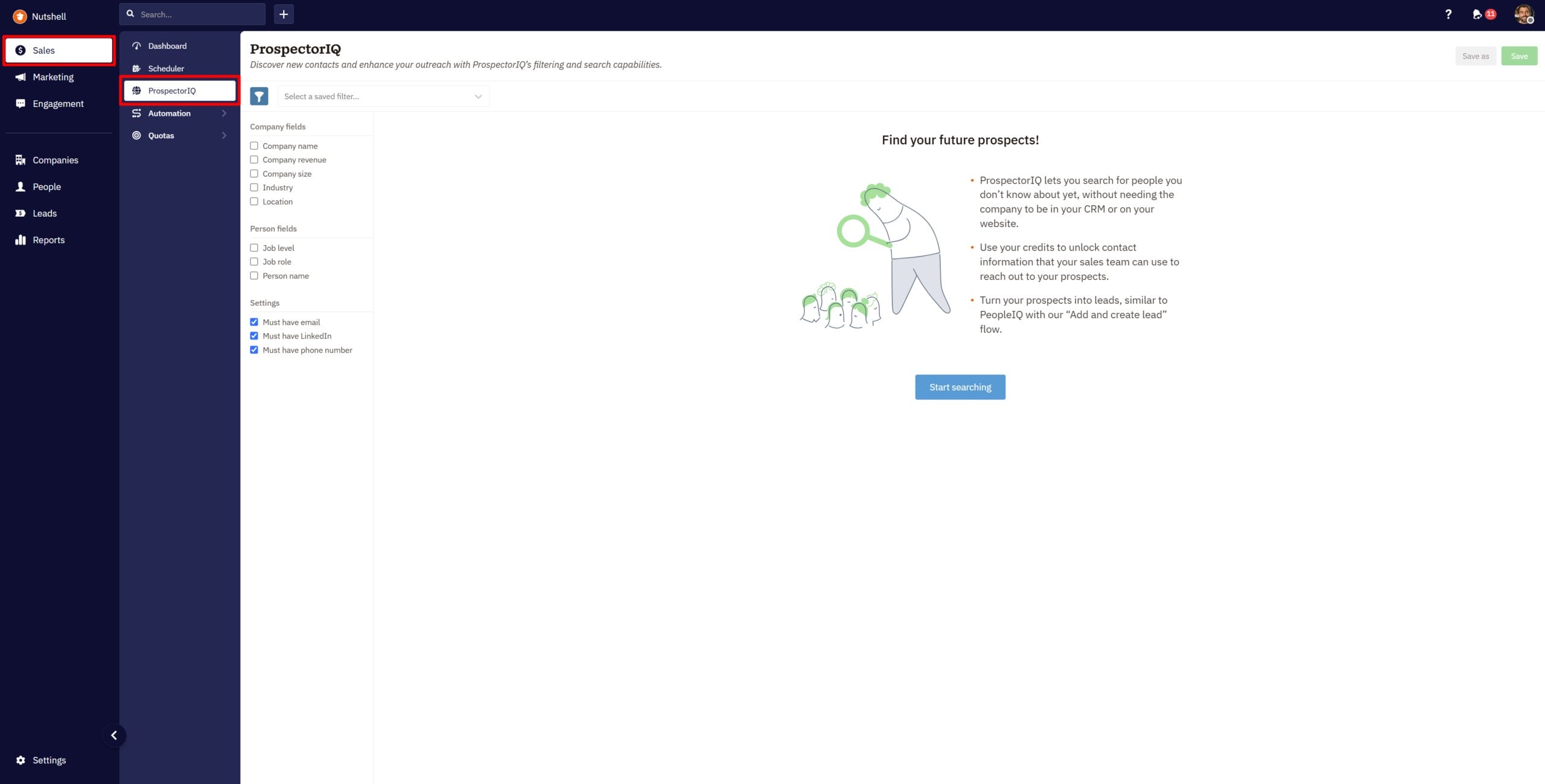 A screenshot of the ProspectorIQ tool taken inside the Nutshell CRM app