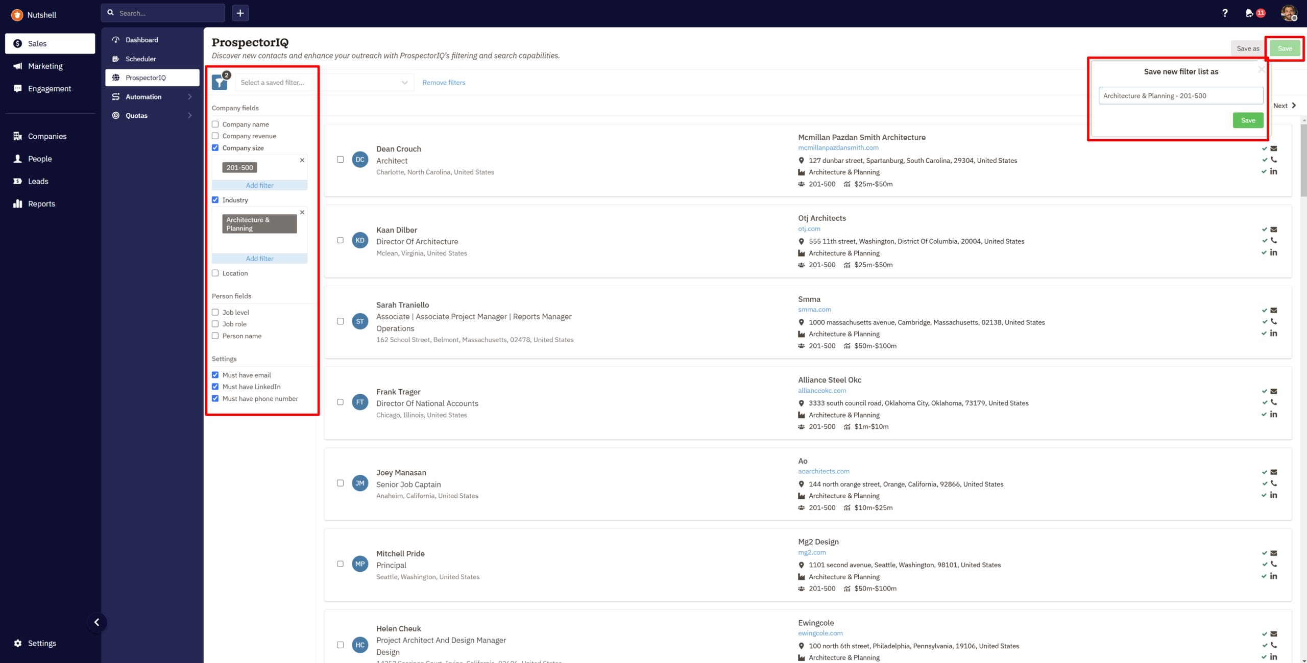 A screenshot of the ProspectorIQ tool taken inside the Nutshell CRM app
