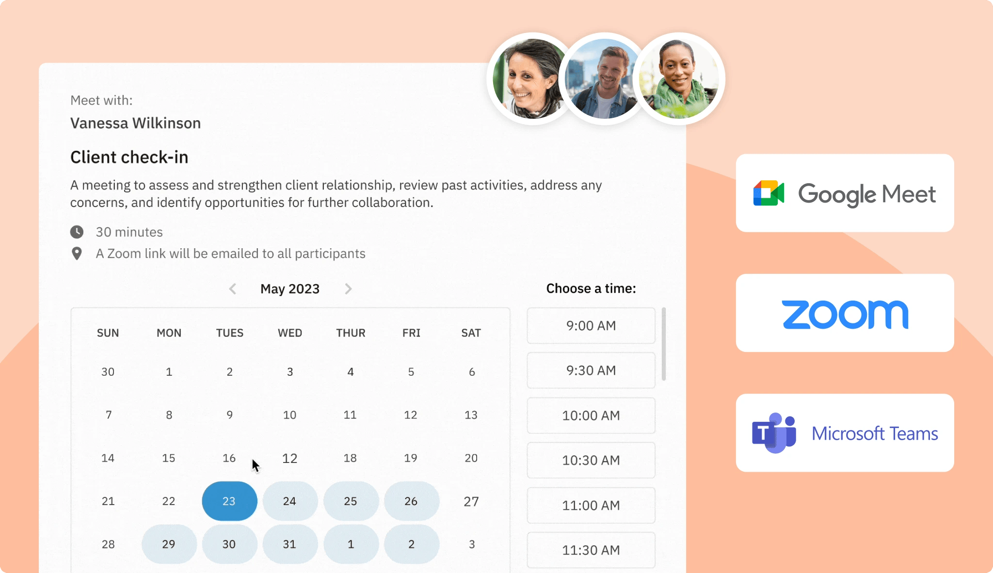 Image showing an online meeting scheduler calendar with Google Meet, Zoom, and Microsoft Teams logos
