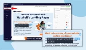 A screenshot of Nutshell's Landing Pages builder being used to build a new landing page in-app
