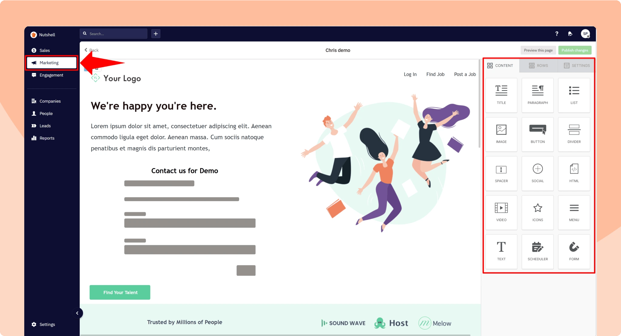 A screenshot of Nutshell's Landing Pages builder being used to build a new landing page in-app