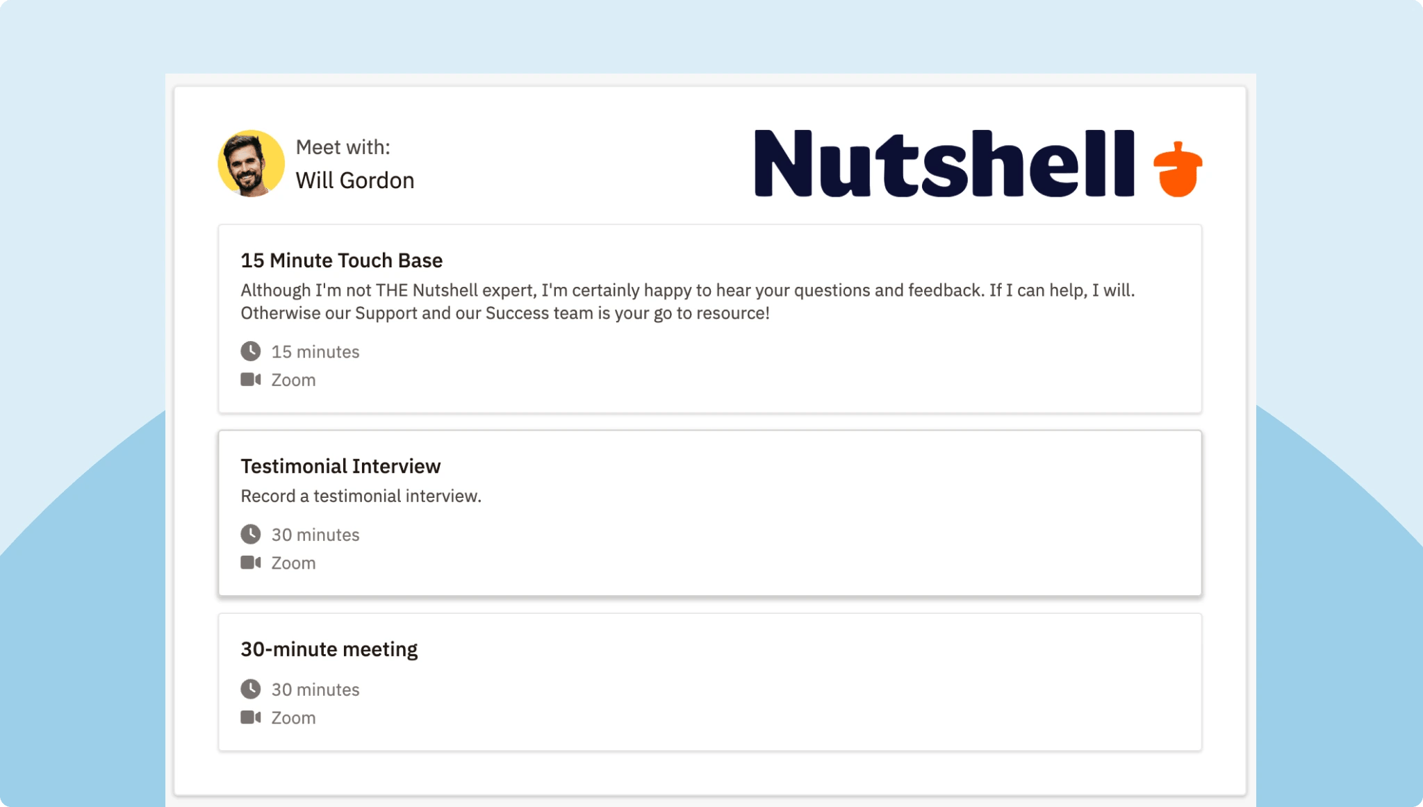 Example of a customizable Nutshell Scheduler meeting page with company branding and team member avatar