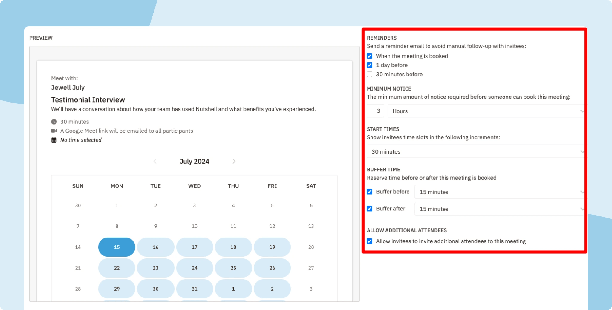 Nutshell Scheduler in-app screenshot showing the interface for setting up reminders, and other essential meeting information