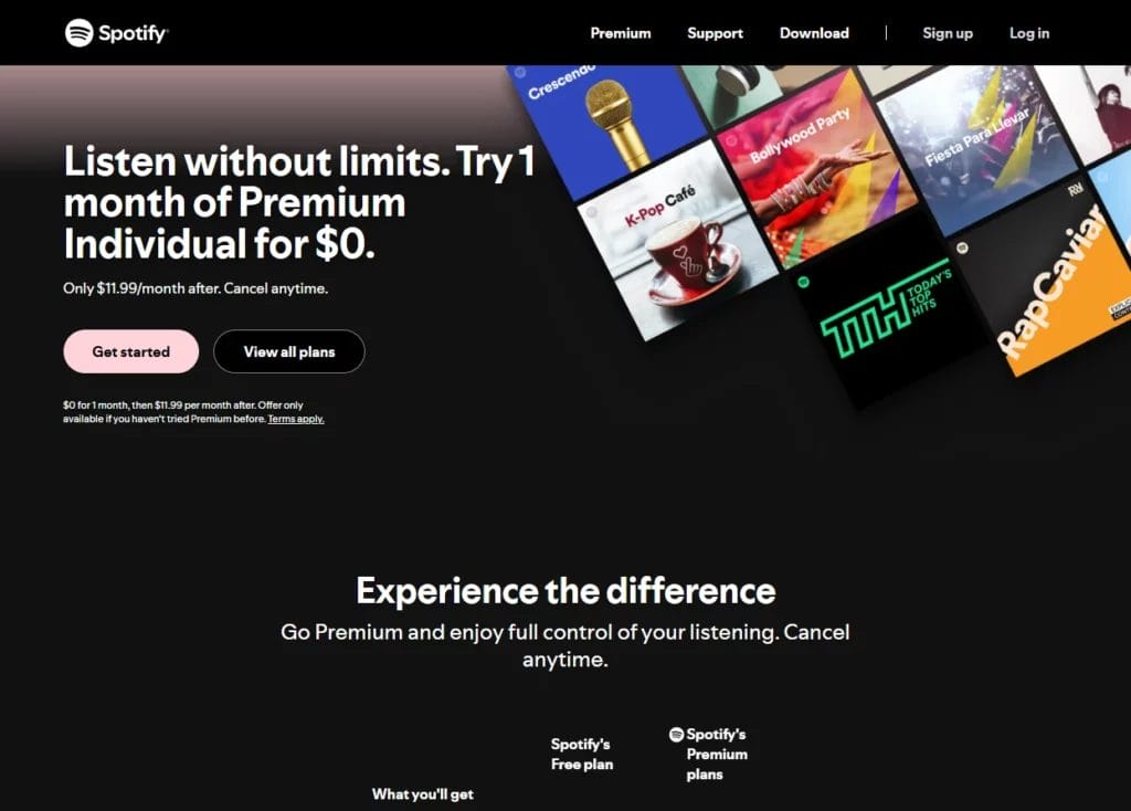 a screenshot of the spotify page as one of the best landing page examples