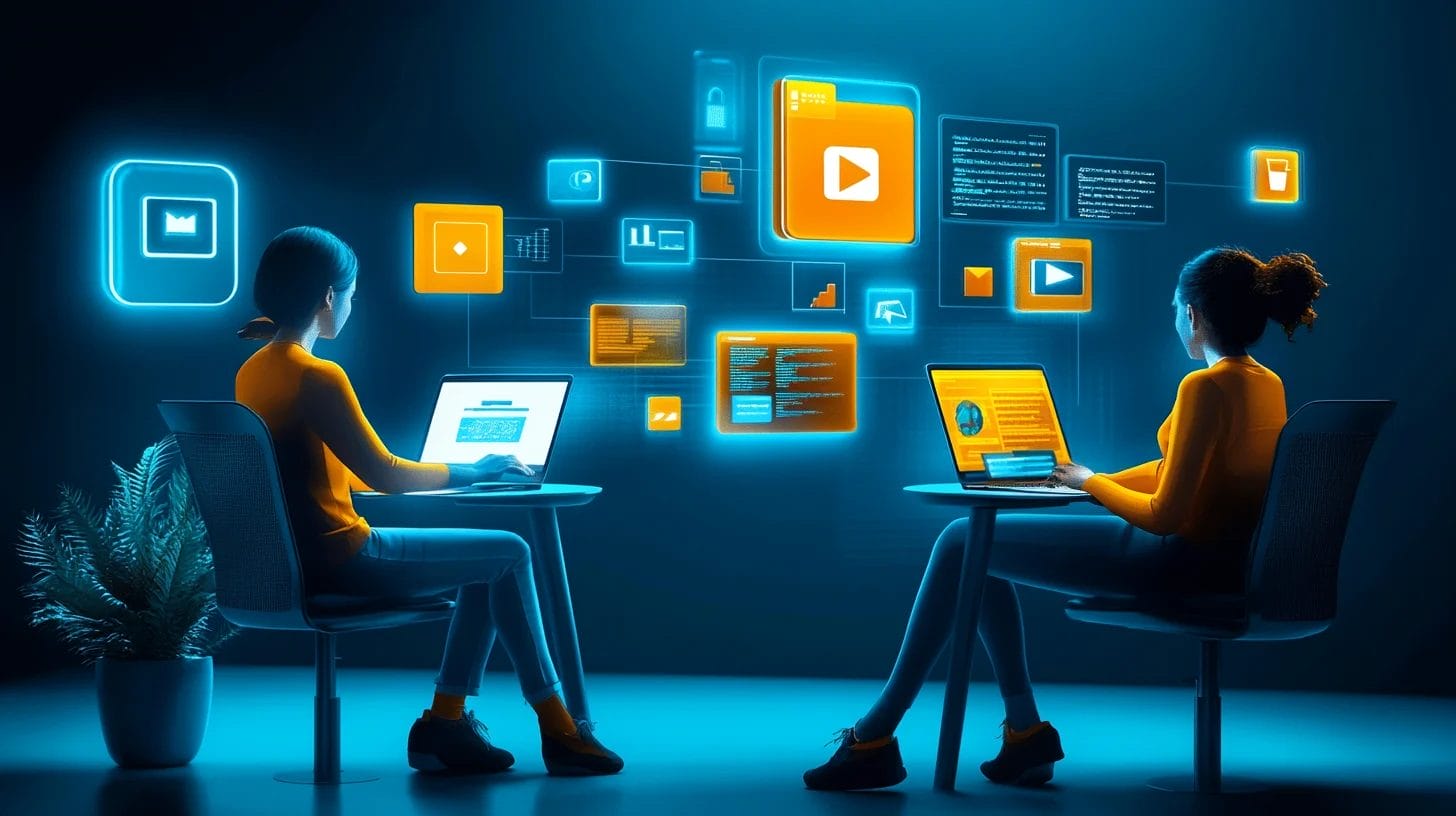 two people sitting with laptops facing each other, and icons for different software tools floats above and between them