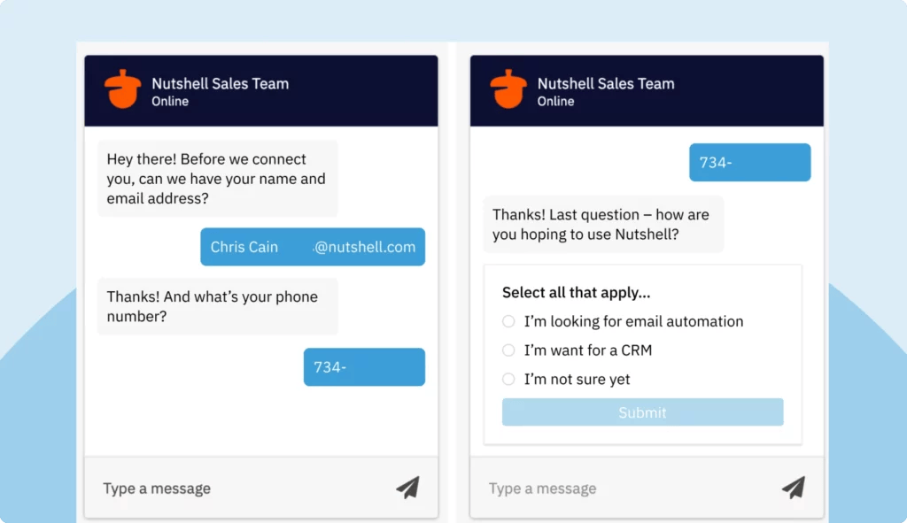Conversational forms in Nutshell's Web chat
