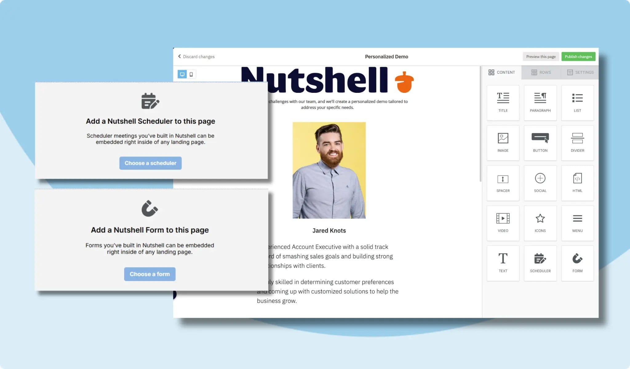 A composite image showing Nutshell&#039;s no-code landing page builder with options to include a meeting scheduler and web form