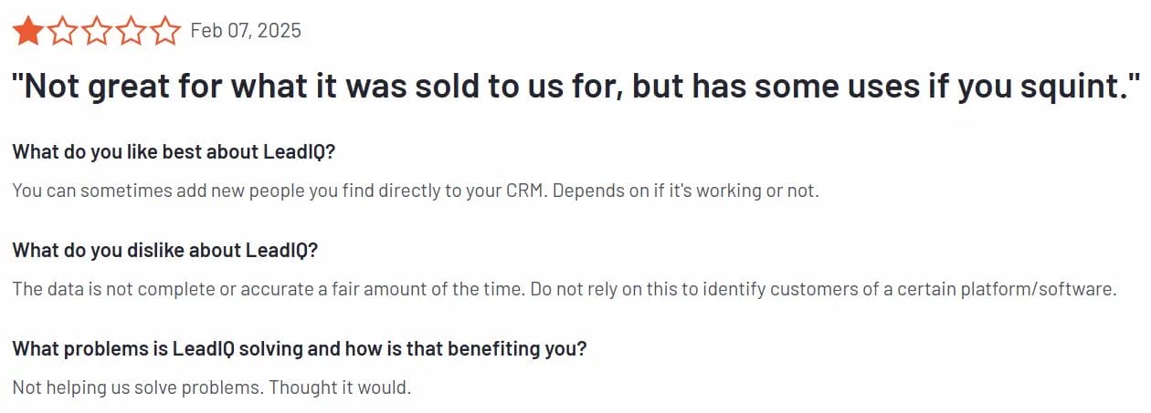 LeadIQ review from G2 - one star