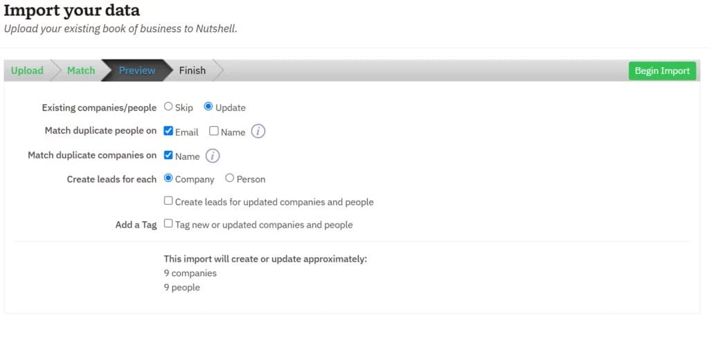 preview window when importing data to nutshell