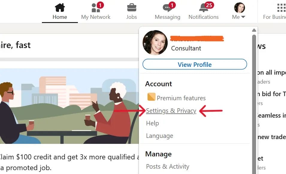 screenshot of where to find the settings and privacy of linkedin