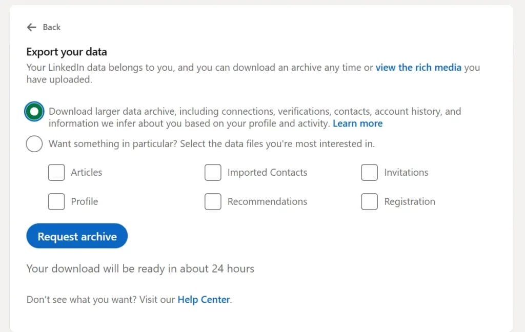 screenshot of how to download an archive of your data in linkedin