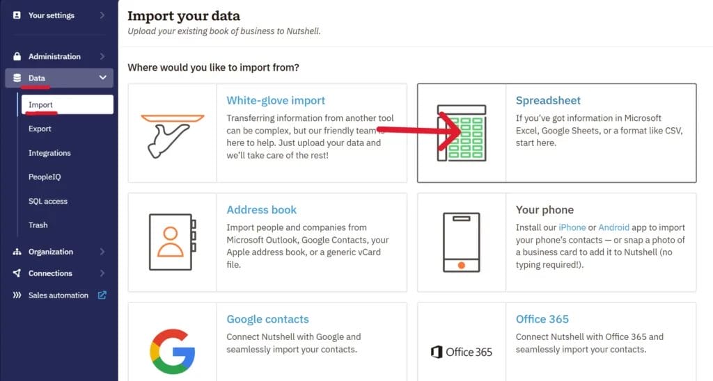 screenshot of how to import data to nutshell using a srpreadsheet