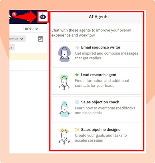 Nutshell's AI Agents - Robot icon and sidebar screenshot
