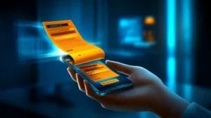 A hand is holding a phone while a receipt like paper is coming out of the phone representing an invoice