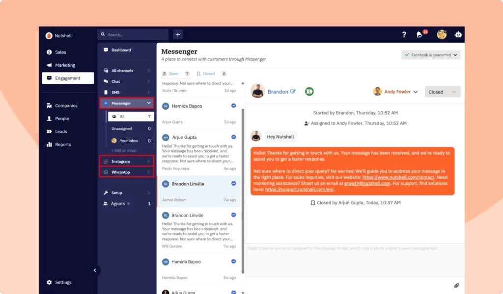 WhatsApp, Facebook Messenger, Instagram - Message leads in your CRM
