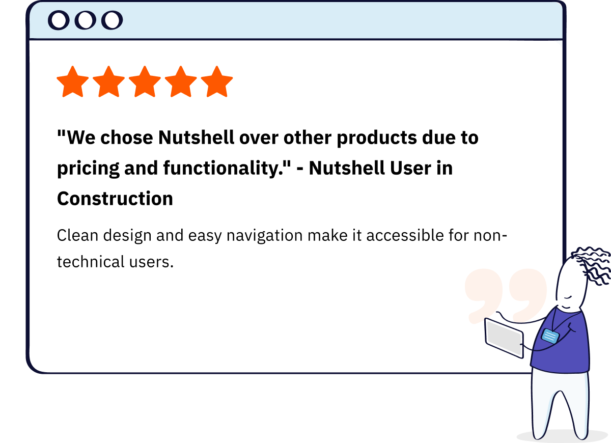 5 star review from a Nutshell user in the construction industry that says they chose Nutshell over other products due to pricing and functionality, indicating that the clean design and easy navigation make it accessible for non-technical users