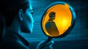 A person holding a giant magnifying glass is observing another person.