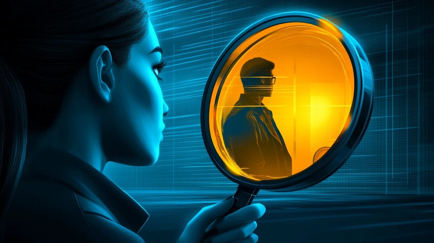 A person holding a giant magnifying glass is observing another person.