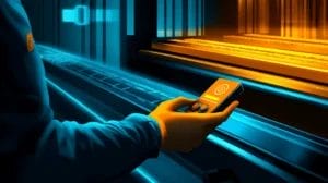 A hand is holding a remote with a push button and with a conveyor belt in front