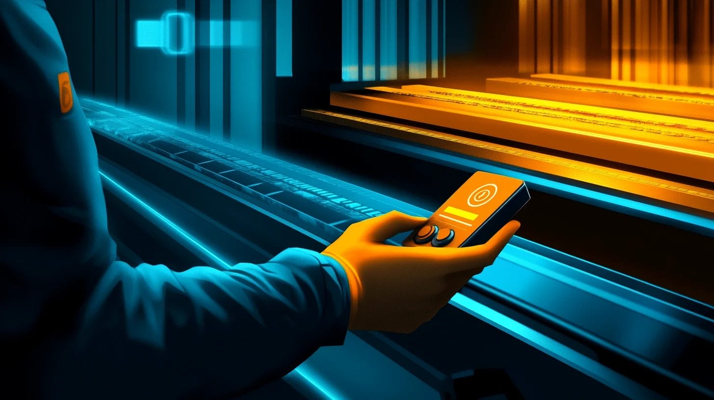 A hand is holding a remote with a push button and with a conveyor belt in front