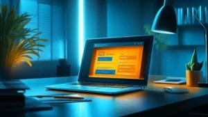 A laptop on the table is showing a lead form on screen