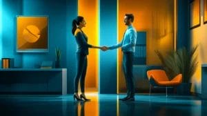 Two persons in an office setting are shaking hands