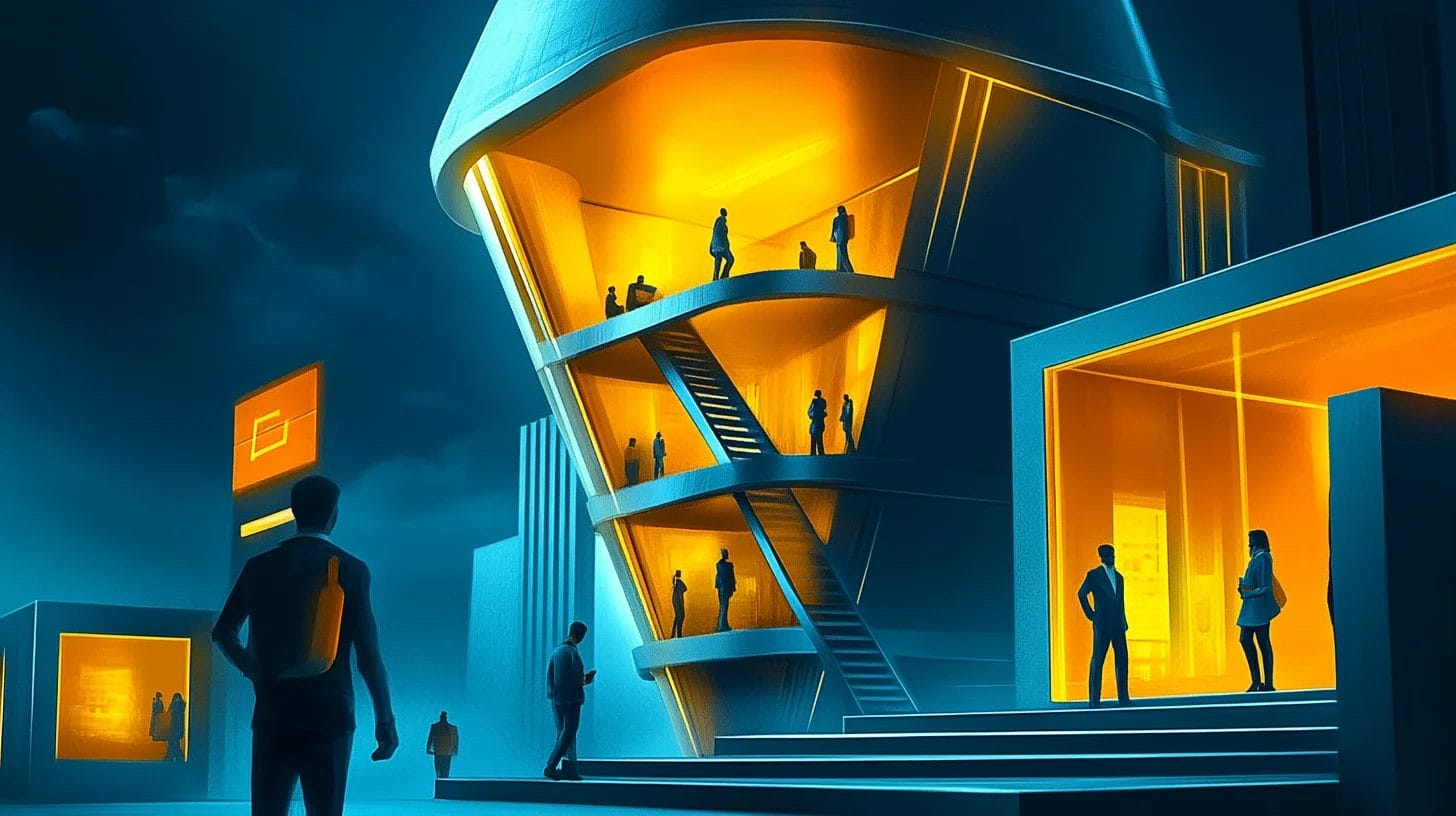 A funnel-shaped building is separated by floors and people are entering from the top using a ladder or an elevator