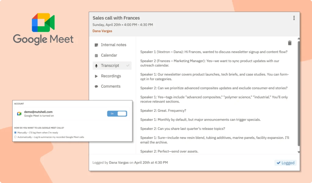 Generate Google Meet Call Transcriptions in Your Nutshell CRM
