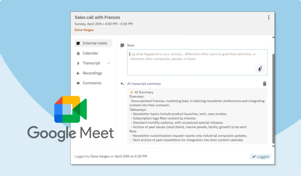 Google Meet AI Call Summarization in Your Nutshell CRM