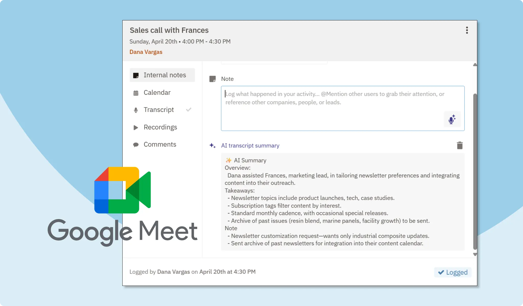 Google Meet AI Call Summarization in Your Nutshell CRM