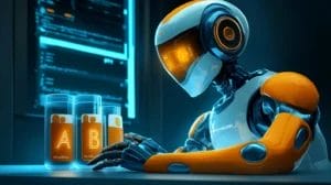 A robot looking at two cards or test tubes, one with the letter A on it and one with the letter B