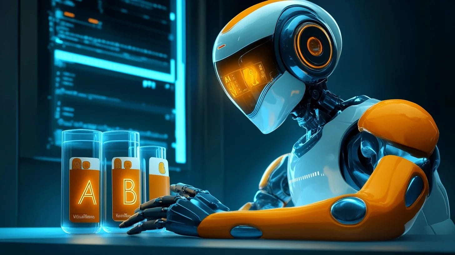 A robot looking at two cards or test tubes, one with the letter A on it and one with the letter B
