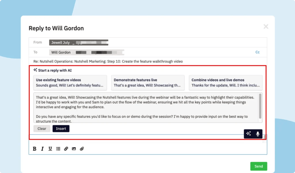 Ensure smart, relevant replies with AI email reply starters in your CRM