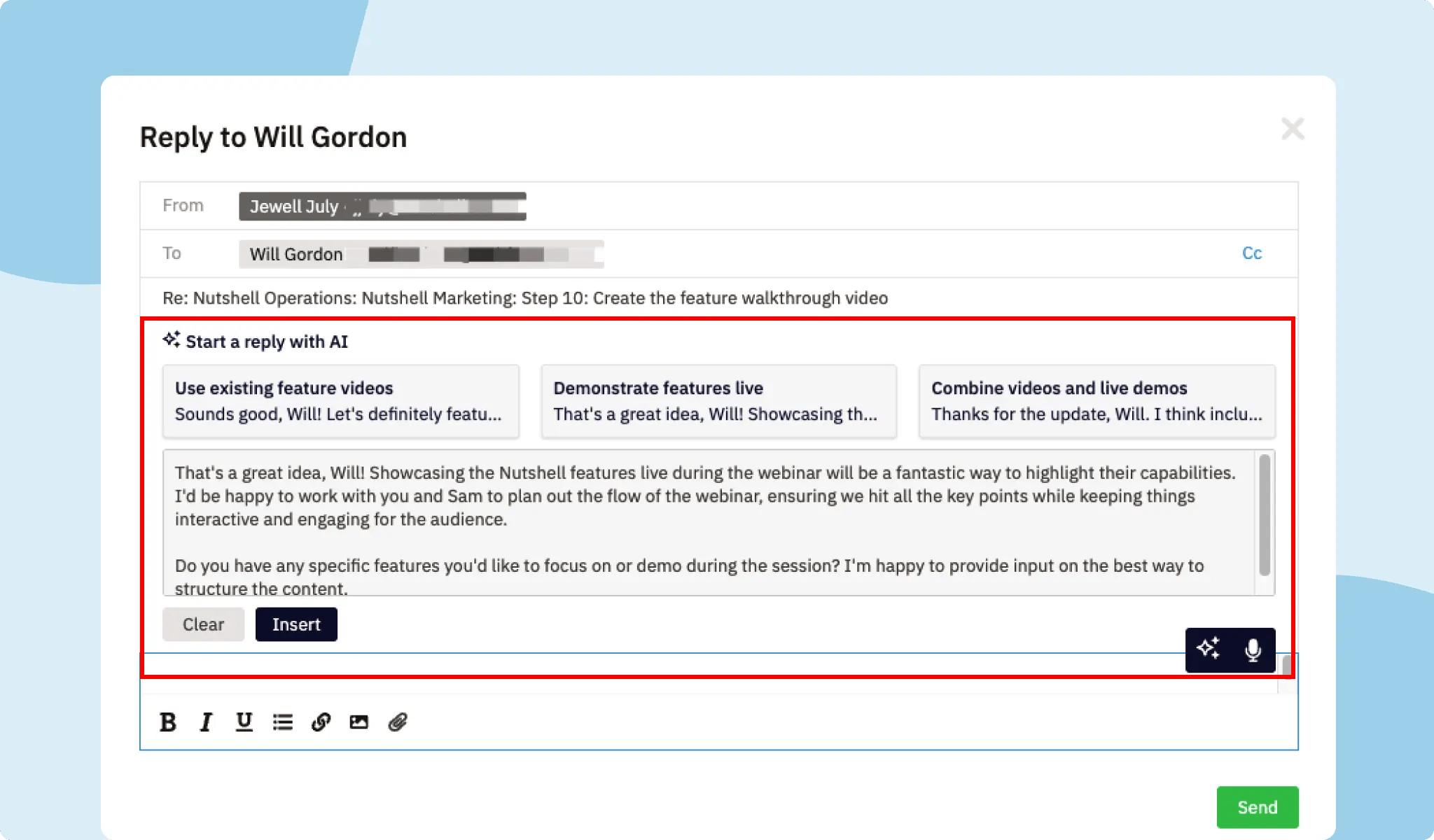 Ensure smart, relevant replies with AI email reply starters in your CRM