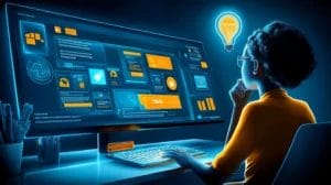 a person looking at a large screen with different icons representing CRM features